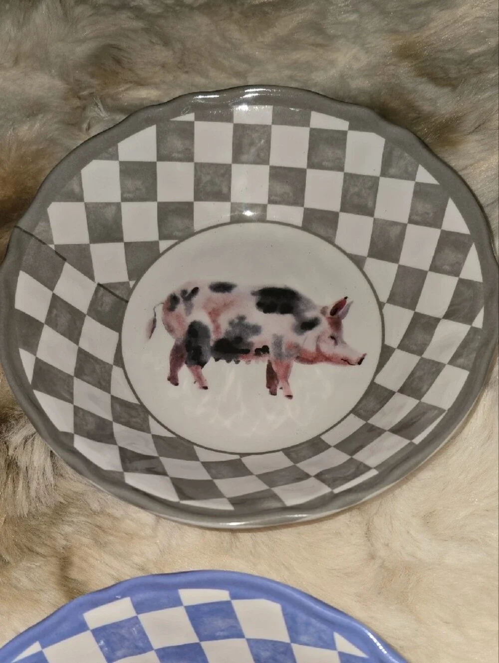 Farmhouse Set of 4 Farm Animal Salad Bowls - Pink, Gray, Yellow, Blue Check
